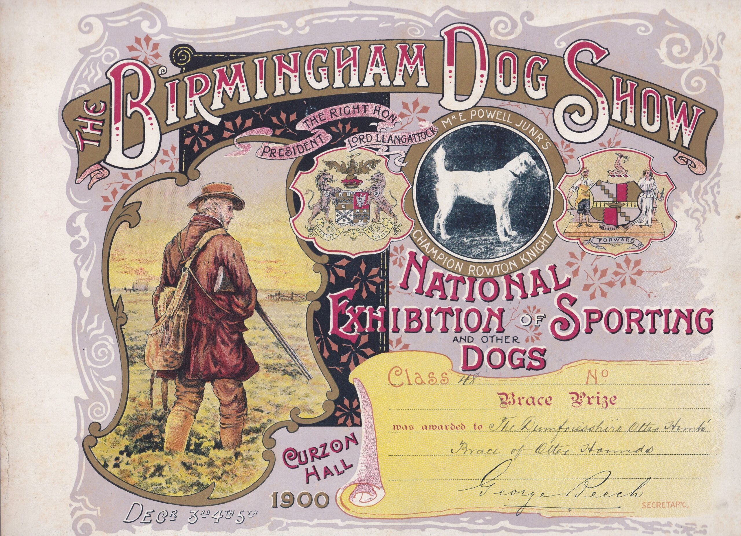 Birmingham Dog Show 1900 Brace Prize Certificate